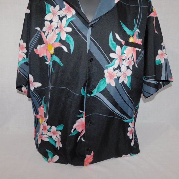 Vintage Hilo Hattie Mens XL Black Pink Green Floral Hawaiian Shirt - Picture 6 of 10